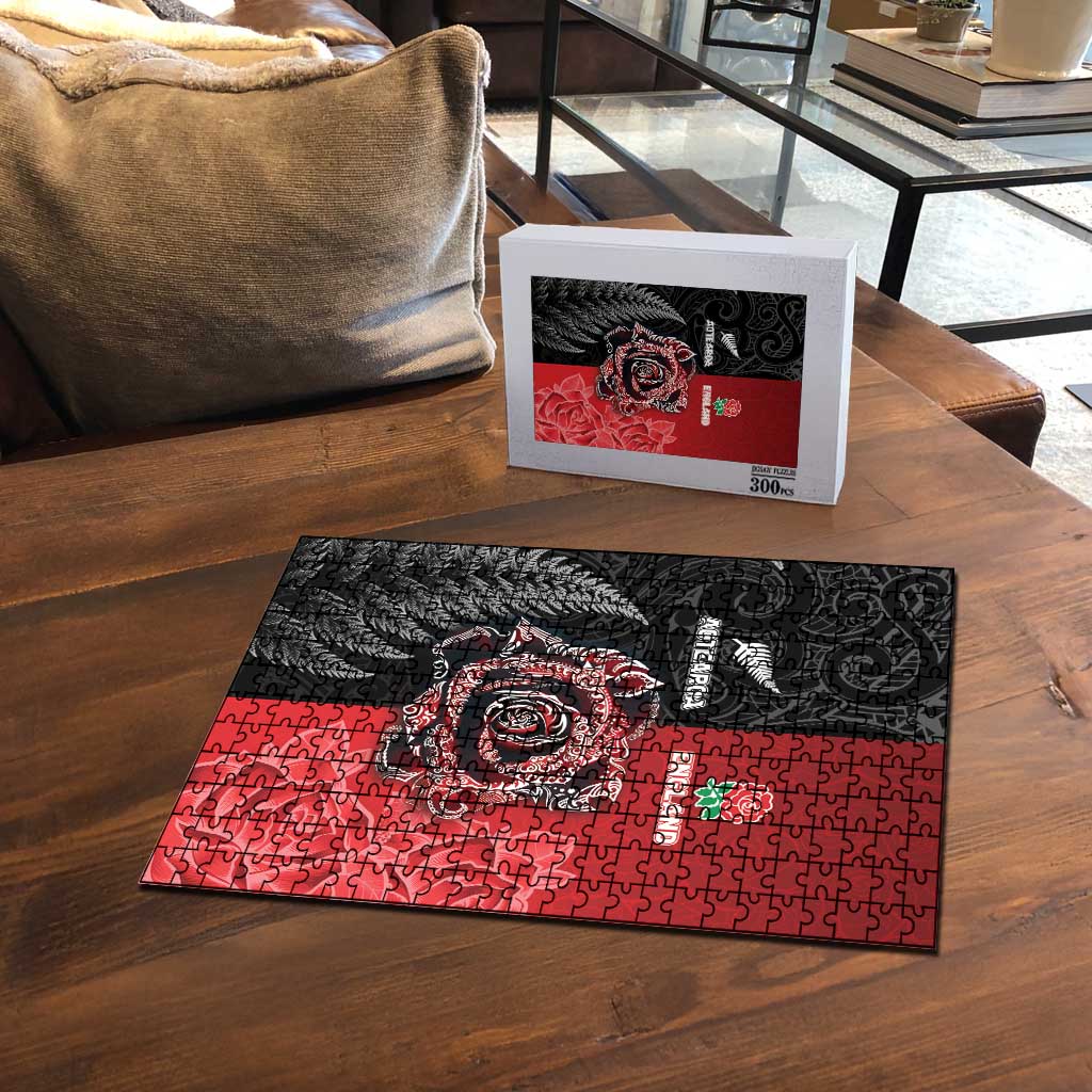 New Zealand And England Rugby Puzzle Red Rose Mix Maori Pattern LT05 - Polynesian Pride