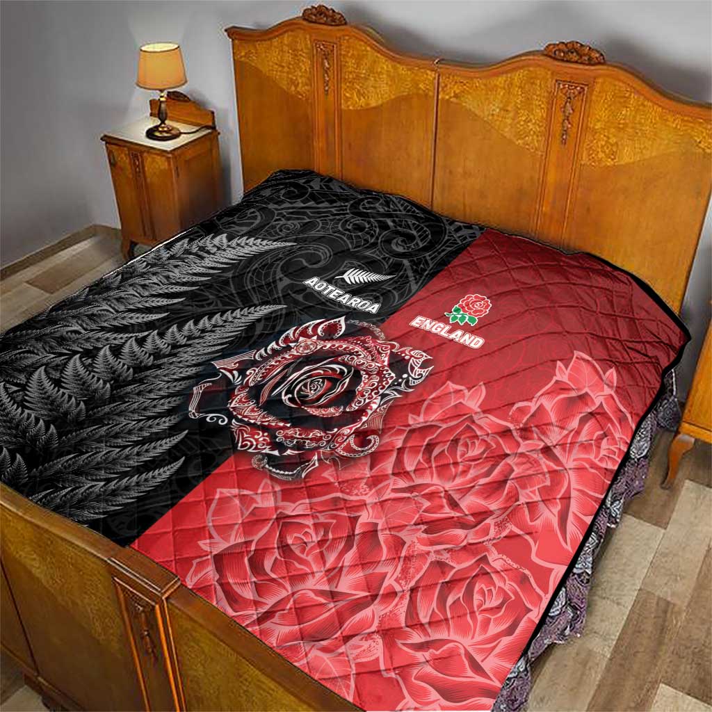 New Zealand And England Rugby Quilt Red Rose Mix Maori Pattern LT05 - Polynesian Pride