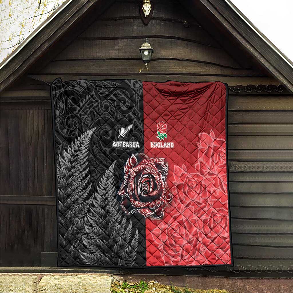 New Zealand And England Rugby Quilt Red Rose Mix Maori Pattern LT05 - Polynesian Pride