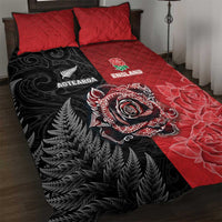 New Zealand And England Rugby Quilt Bed Set Red Rose Mix Maori Pattern LT05 Black - Polynesian Pride