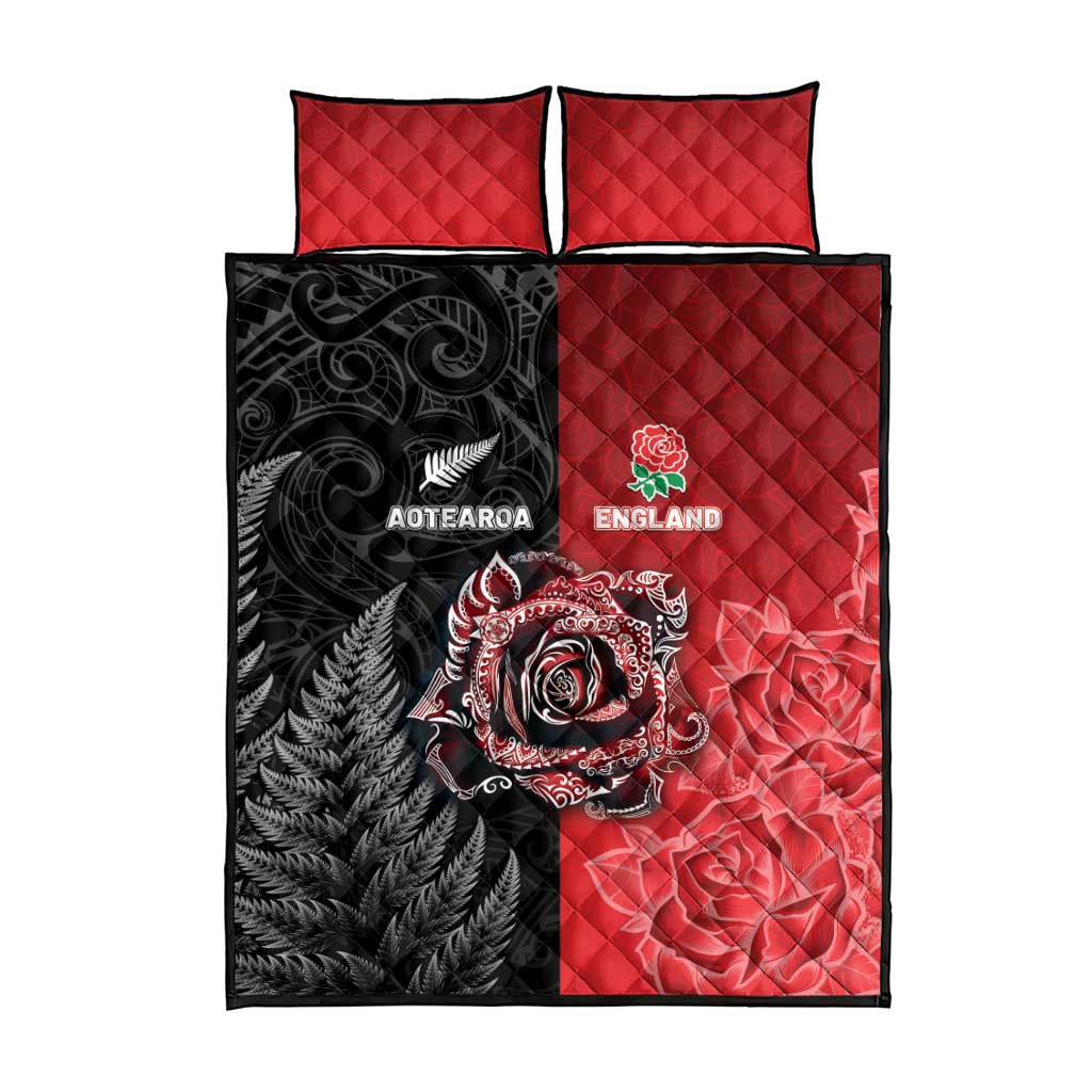New Zealand And England Rugby Quilt Bed Set Red Rose Mix Maori Pattern LT05 - Polynesian Pride