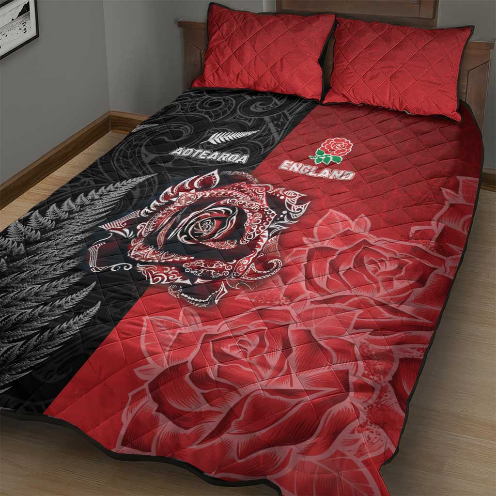 New Zealand And England Rugby Quilt Bed Set Red Rose Mix Maori Pattern LT05 - Polynesian Pride