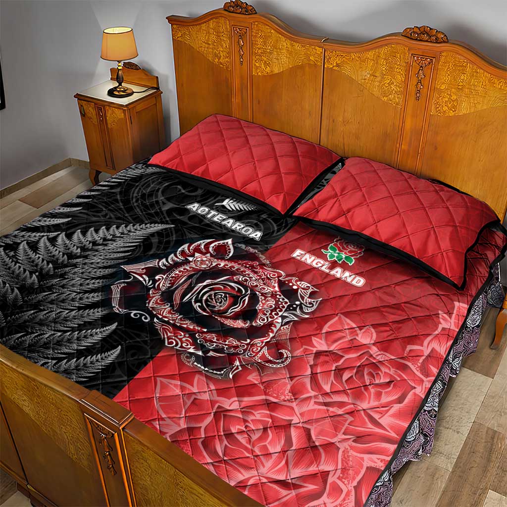 New Zealand And England Rugby Quilt Bed Set Red Rose Mix Maori Pattern LT05 - Polynesian Pride