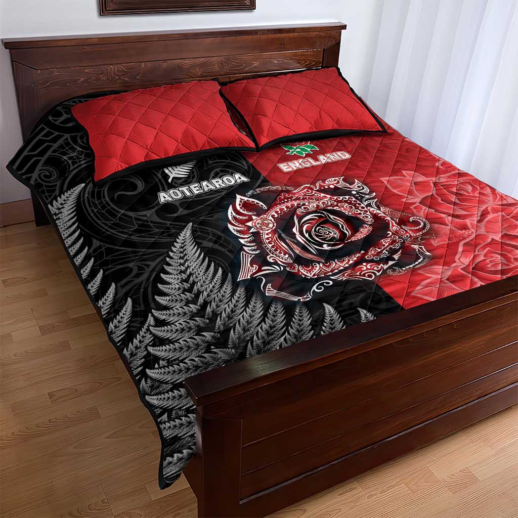 New Zealand And England Rugby Quilt Bed Set Red Rose Mix Maori Pattern LT05 - Polynesian Pride