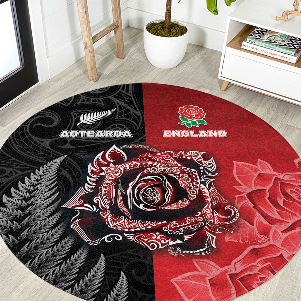 New Zealand And England Rugby Round Carpet Red Rose Mix Maori Pattern LT05 Black - Polynesian Pride