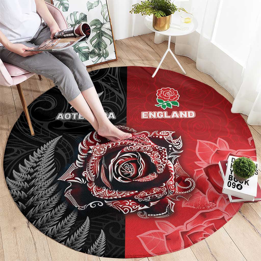 New Zealand And England Rugby Round Carpet Red Rose Mix Maori Pattern LT05 - Polynesian Pride