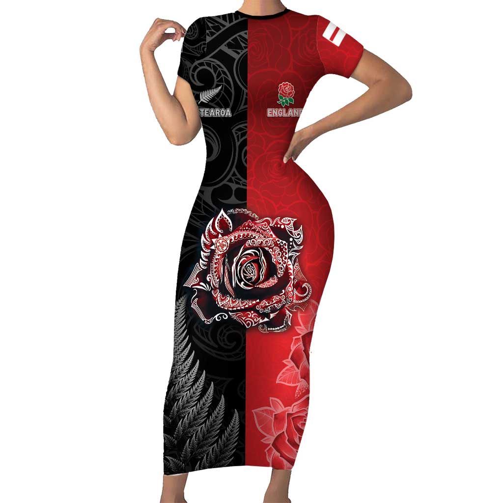 New Zealand And England Rugby Custom Short Sleeve Bodycon Dress Red Rose Mix Maori Pattern - Polynesian Pride
