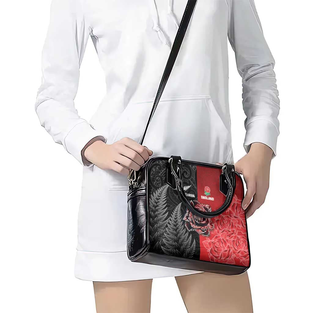 New Zealand And England Rugby Shoulder Handbag Red Rose Mix Maori Pattern - Polynesian Pride