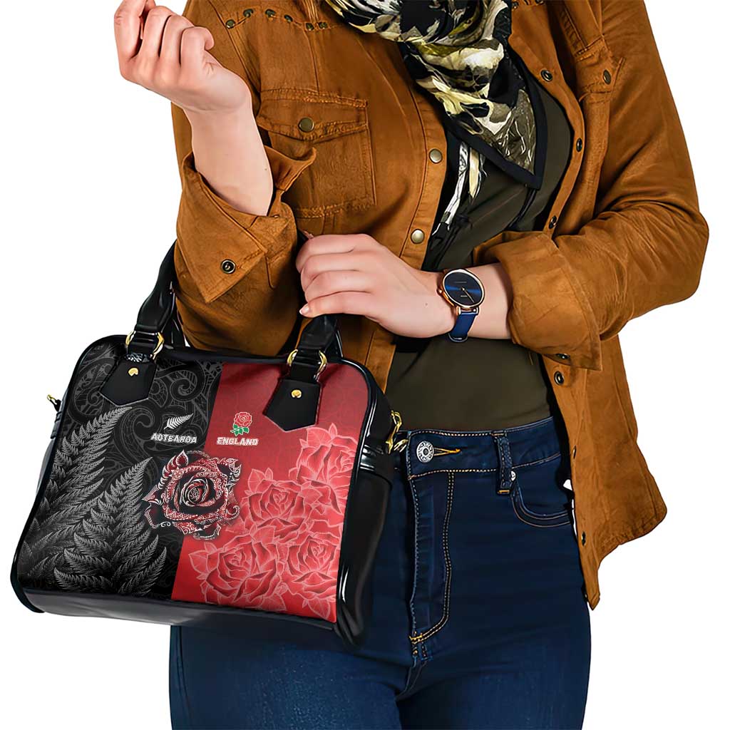 New Zealand And England Rugby Shoulder Handbag Red Rose Mix Maori Pattern - Polynesian Pride