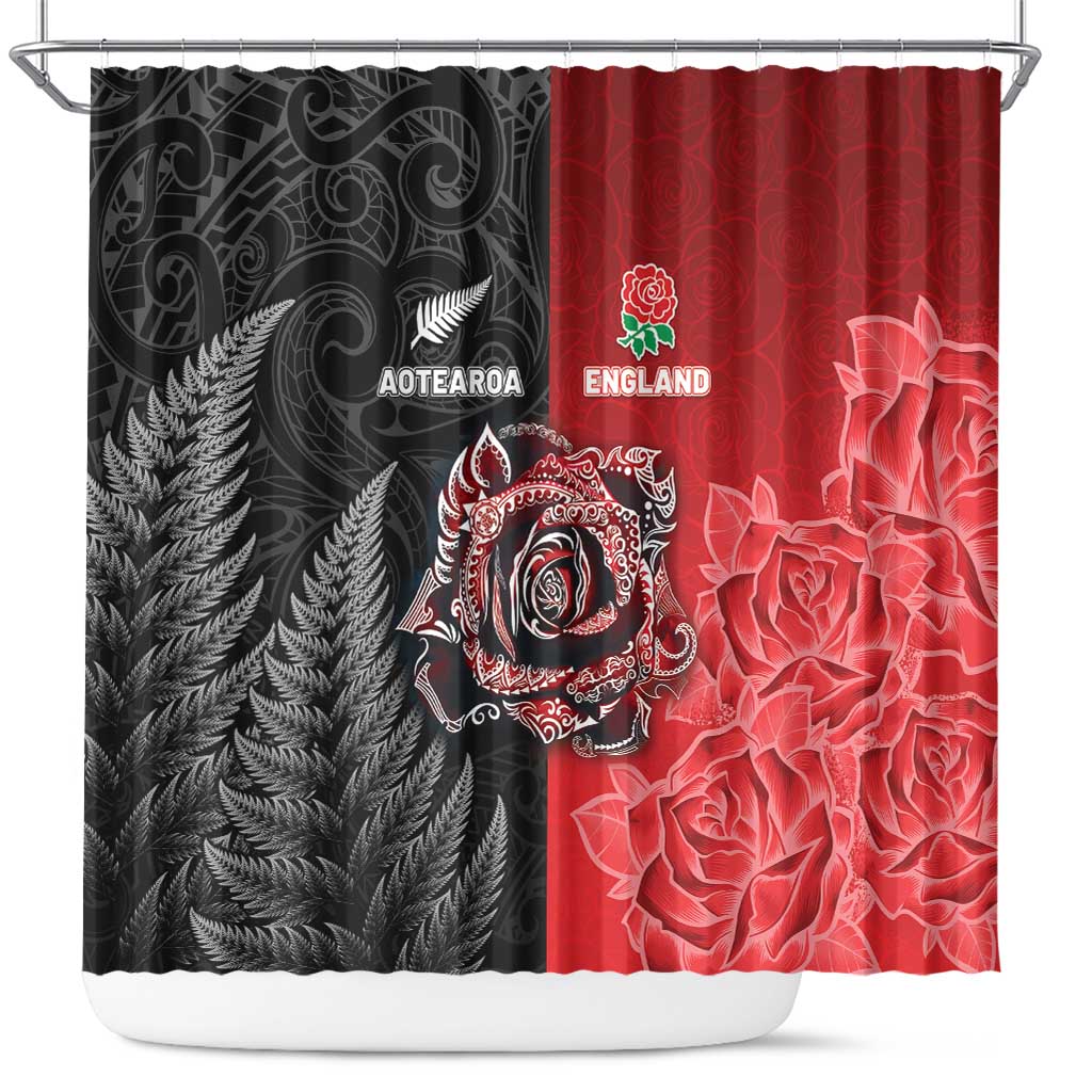 New Zealand And England Rugby Shower Curtain Red Rose Mix Maori Pattern LT05 Black - Polynesian Pride