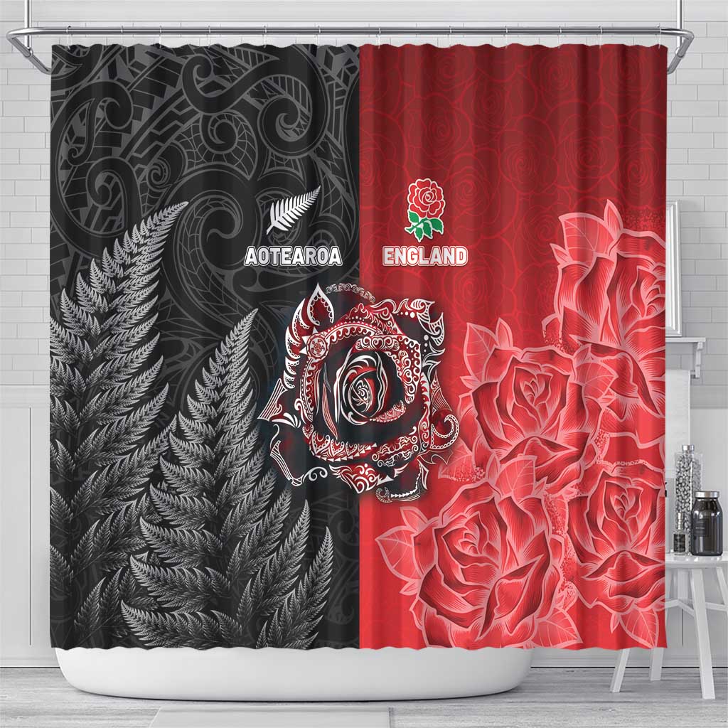 New Zealand And England Rugby Shower Curtain Red Rose Mix Maori Pattern LT05 - Polynesian Pride