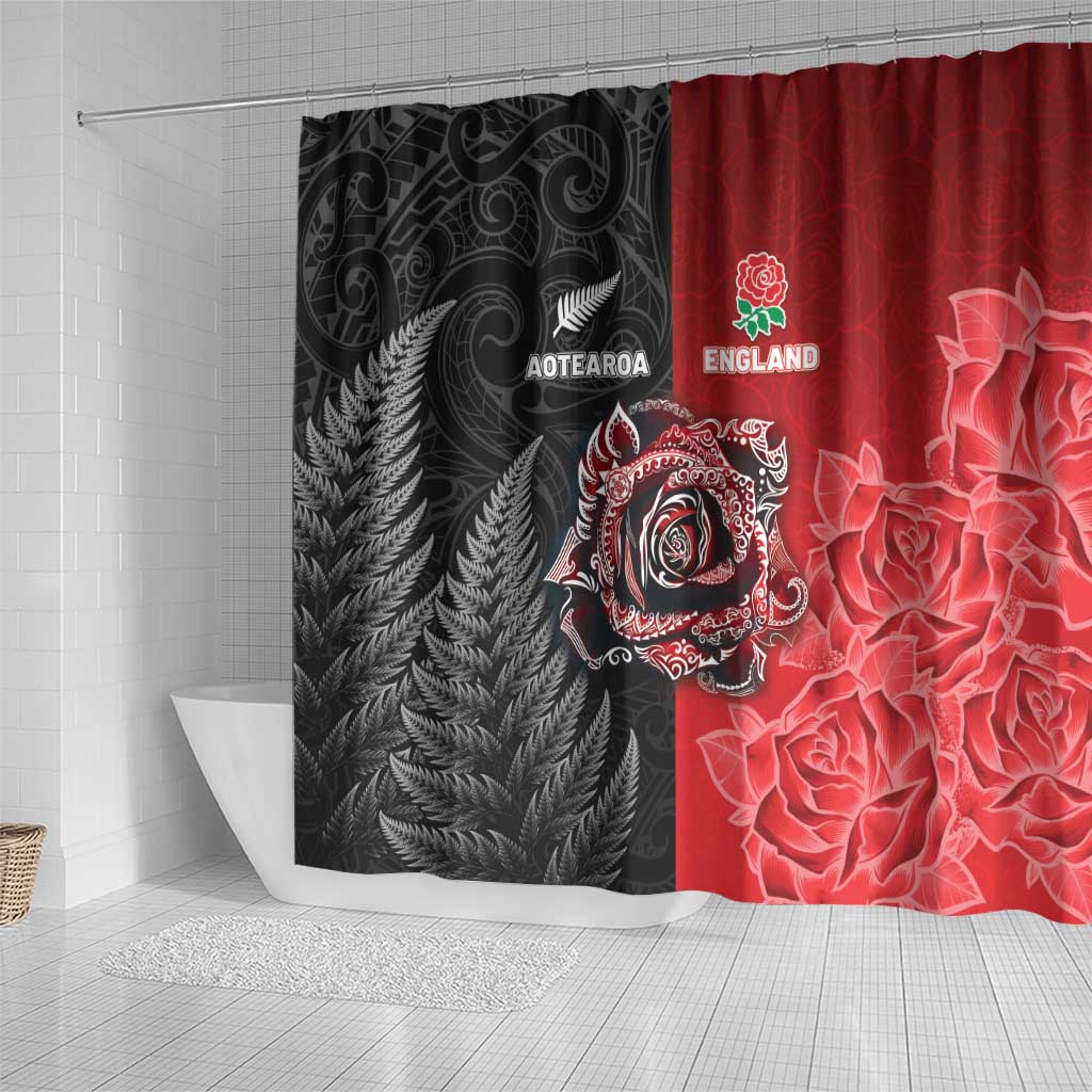 New Zealand And England Rugby Shower Curtain Red Rose Mix Maori Pattern LT05 - Polynesian Pride