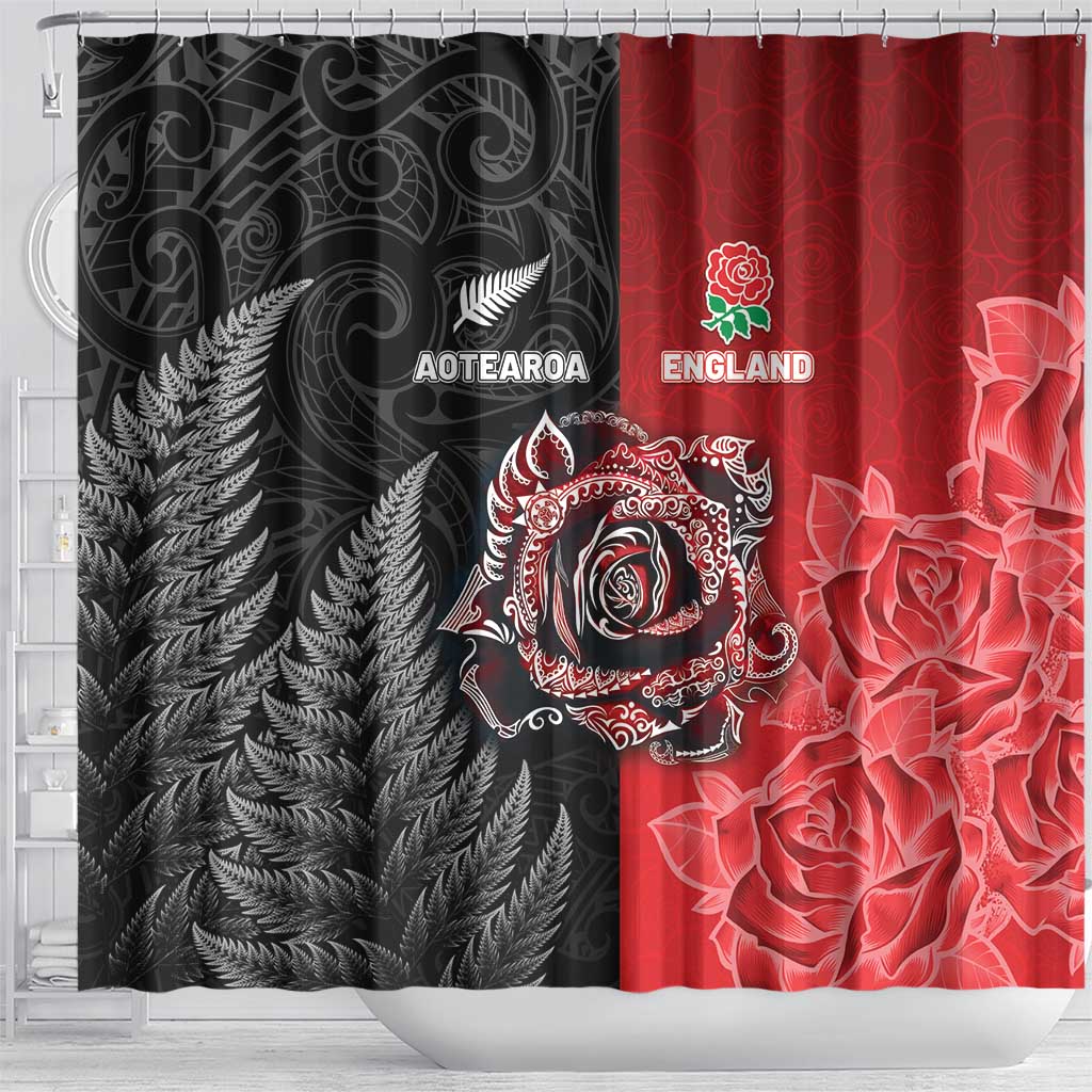 New Zealand And England Rugby Shower Curtain Red Rose Mix Maori Pattern LT05 - Polynesian Pride