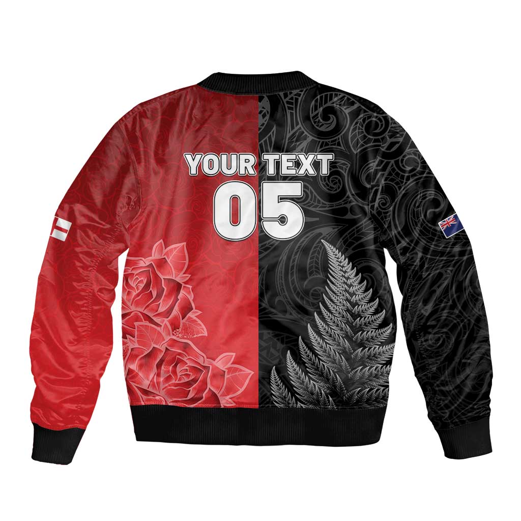 New Zealand And England Rugby Custom Sleeve Zip Bomber Jacket Red Rose Mix Maori Pattern LT05 - Polynesian Pride