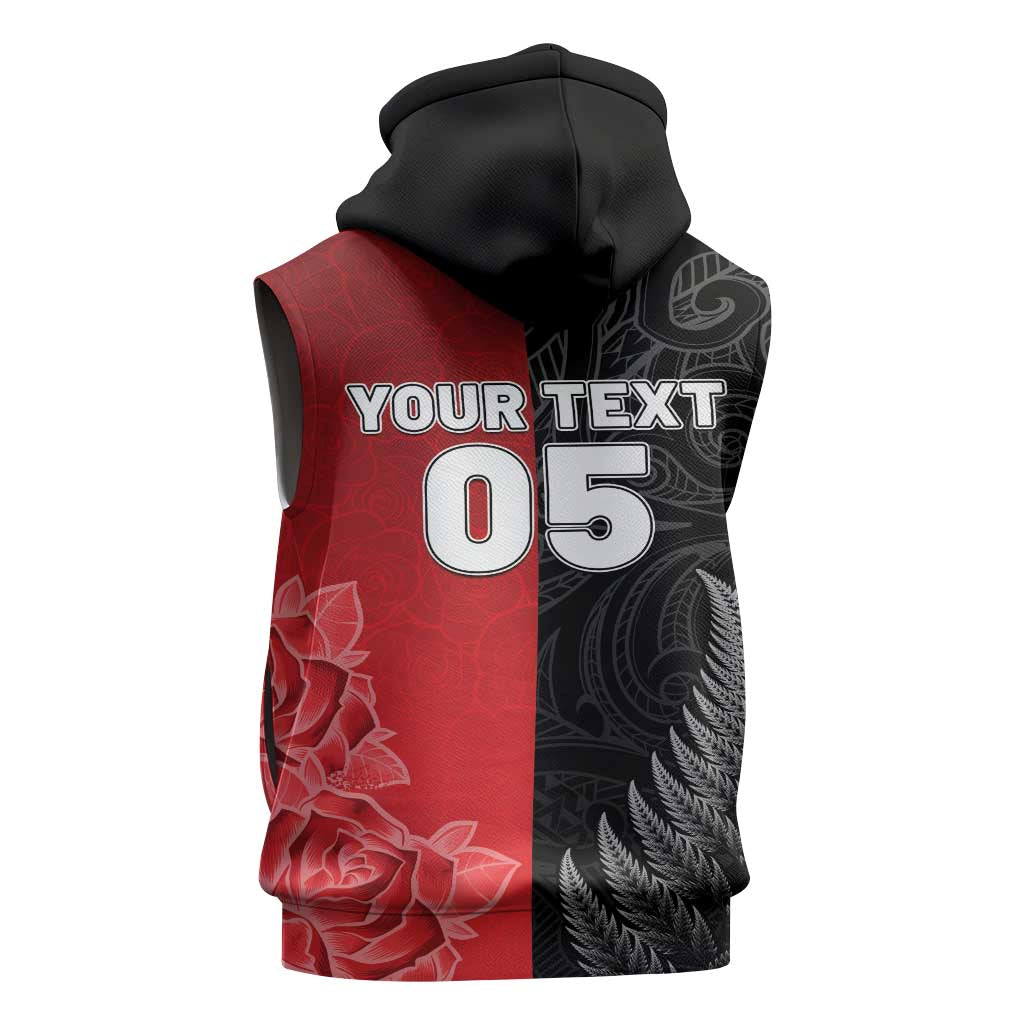 New Zealand And England Rugby Custom Sleeveless Zip Hoodie Red Rose Mix Maori Pattern LT05 - Polynesian Pride
