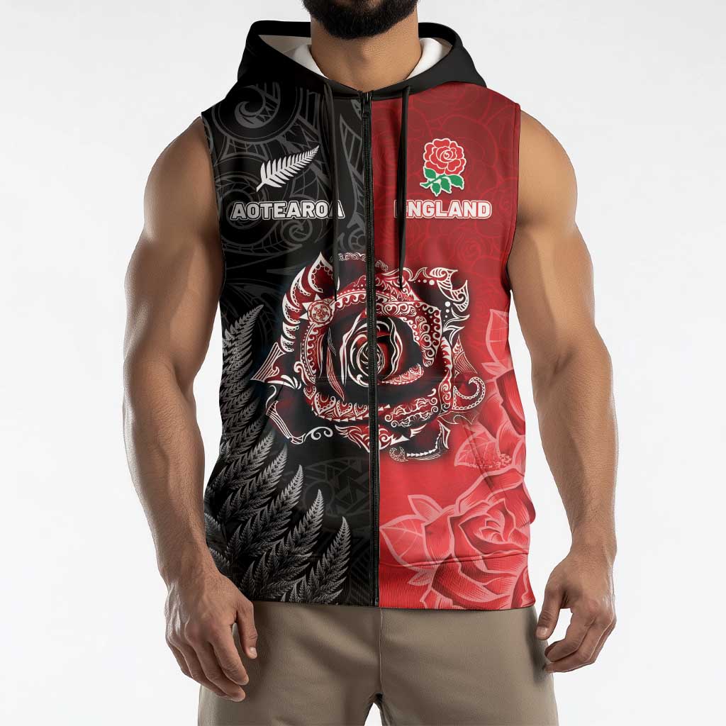 New Zealand And England Rugby Custom Sleeveless Zip Hoodie Red Rose Mix Maori Pattern LT05 - Polynesian Pride