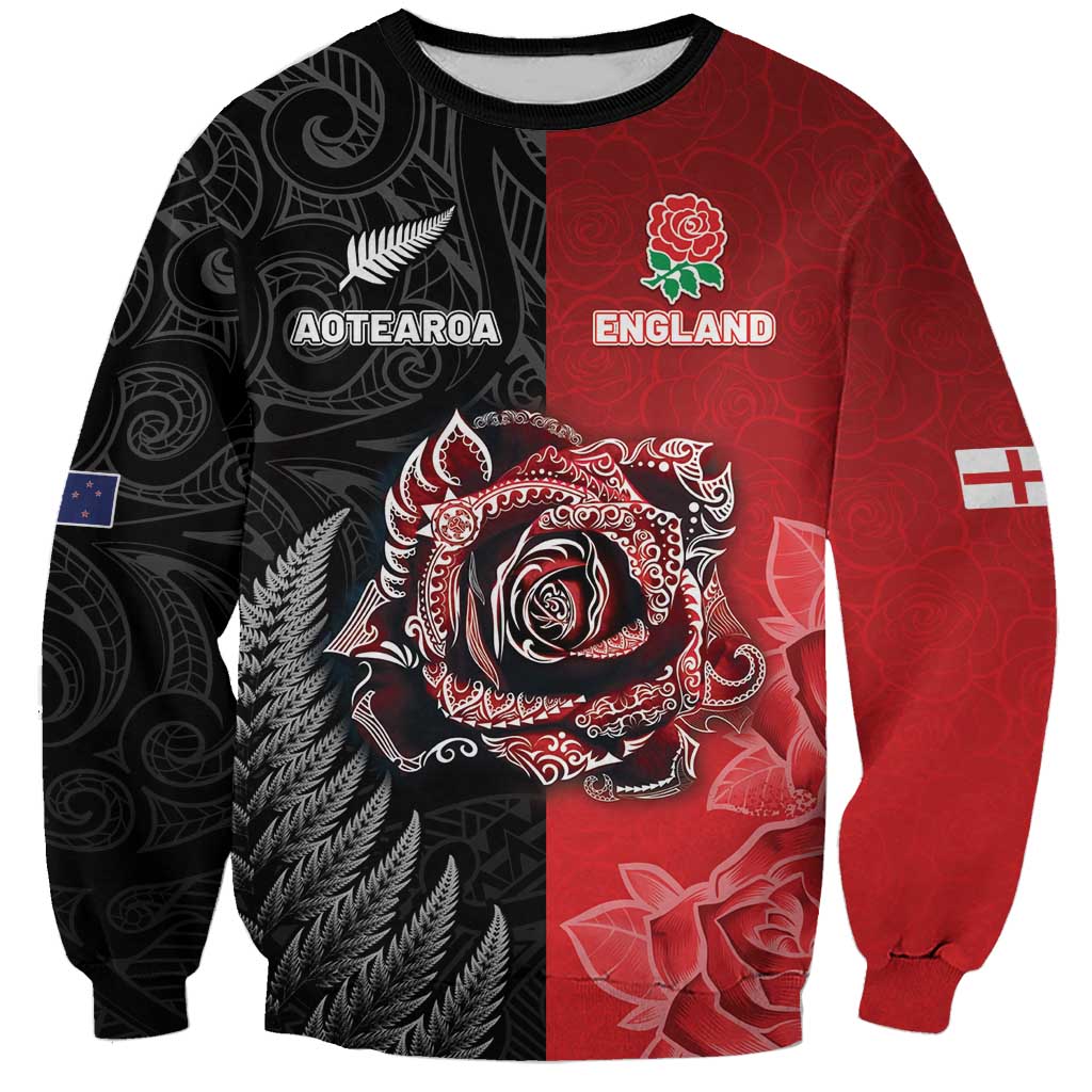New Zealand And England Rugby Custom Sweatshirt Red Rose Mix Maori Pattern LT05 Unisex Black - Polynesian Pride