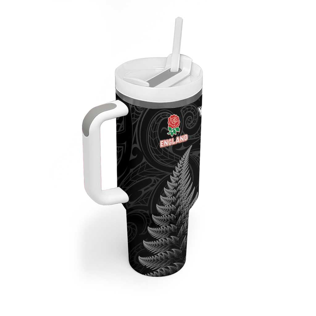 New Zealand And England Rugby Custom Tumbler With Handle Red Rose Mix Maori Pattern - Polynesian Pride