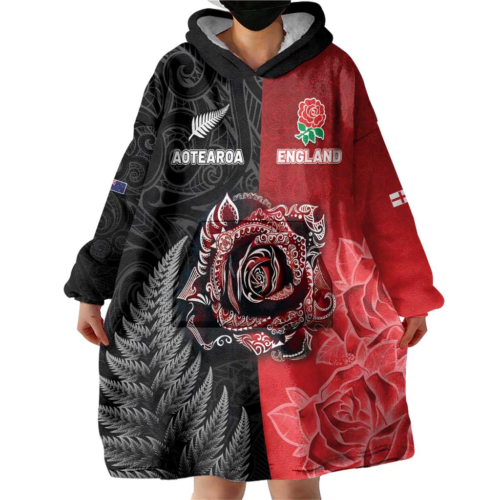New Zealand And England Rugby Custom Wearable Blanket Hoodie Red Rose Mix Maori Pattern LT05 - Polynesian Pride