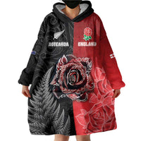 New Zealand And England Rugby Custom Wearable Blanket Hoodie Red Rose Mix Maori Pattern LT05 - Polynesian Pride
