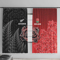 New Zealand And England Rugby Window Curtain Red Rose Mix Maori Pattern LT05 With Hooks Black - Polynesian Pride