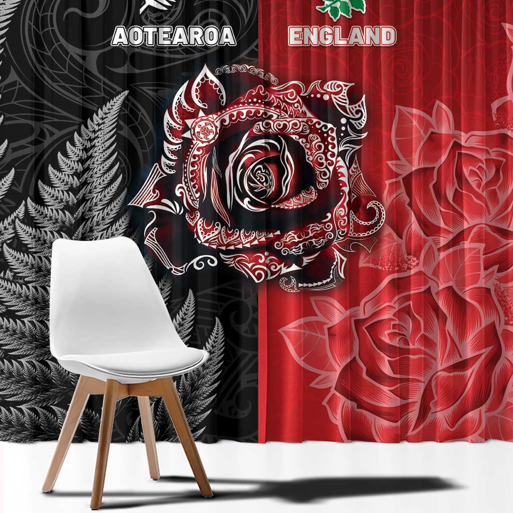 New Zealand And England Rugby Window Curtain Red Rose Mix Maori Pattern LT05 - Polynesian Pride