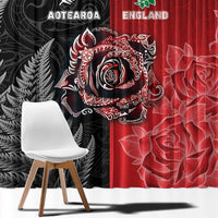 New Zealand And England Rugby Window Curtain Red Rose Mix Maori Pattern LT05 - Polynesian Pride