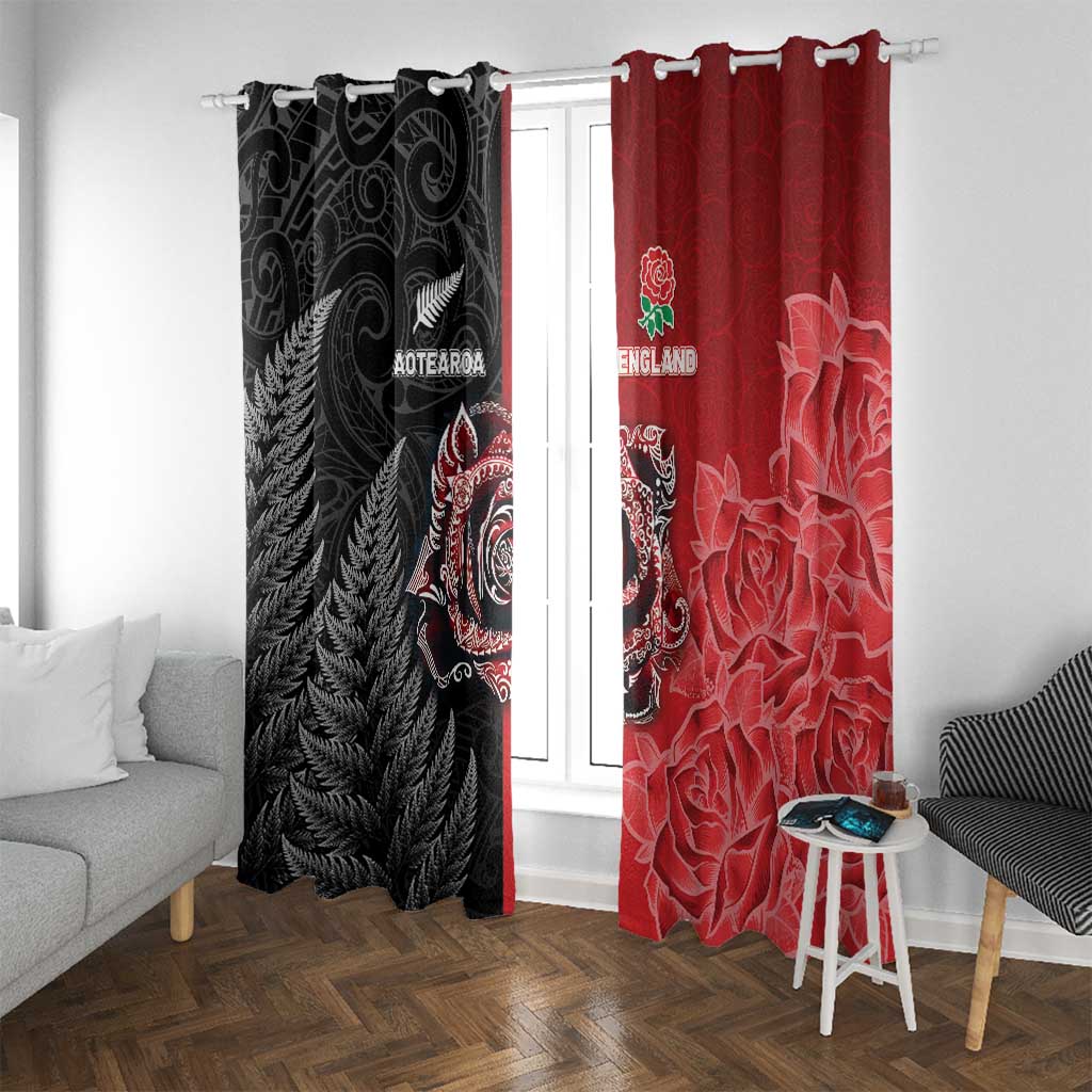 New Zealand And England Rugby Window Curtain Red Rose Mix Maori Pattern LT05 With Grommets Black - Polynesian Pride