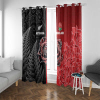 New Zealand And England Rugby Window Curtain Red Rose Mix Maori Pattern LT05 With Grommets Black - Polynesian Pride