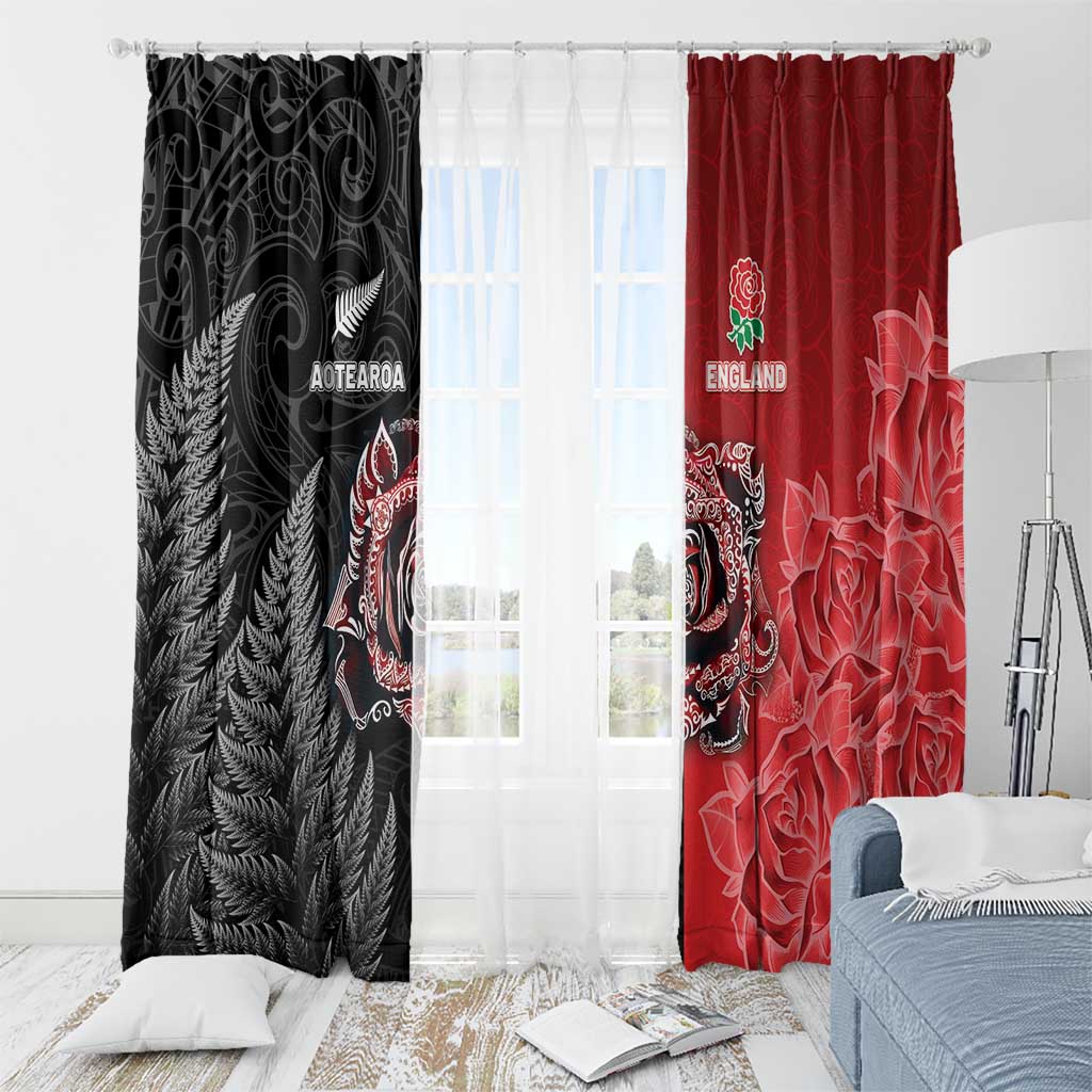New Zealand And England Rugby Window Curtain Red Rose Mix Maori Pattern LT05 - Polynesian Pride