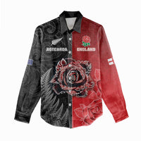 New Zealand And England Rugby Custom Women Casual Shirt Red Rose Mix Maori Pattern LT05 - Polynesian Pride