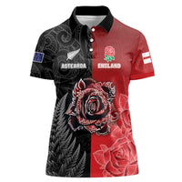 New Zealand And England Rugby Custom Women Polo Shirt Red Rose Mix Maori Pattern LT05 Female Black - Polynesian Pride