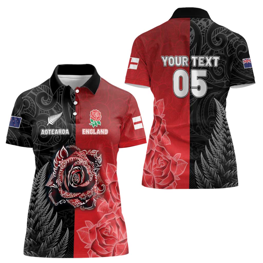 New Zealand And England Rugby Custom Women Polo Shirt Red Rose Mix Maori Pattern LT05 - Polynesian Pride