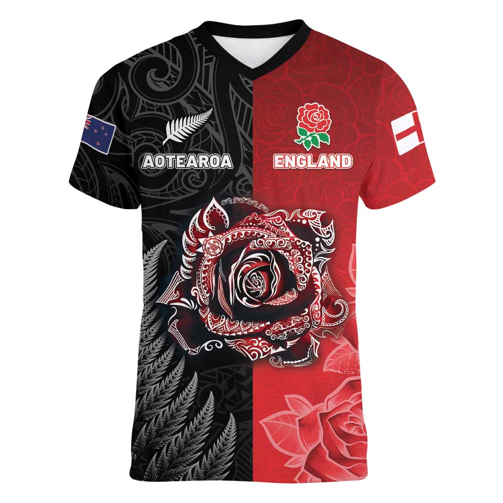 New Zealand And England Rugby Custom Women V-Neck T-Shirt Red Rose Mix Maori Pattern LT05 Female Black - Polynesian Pride