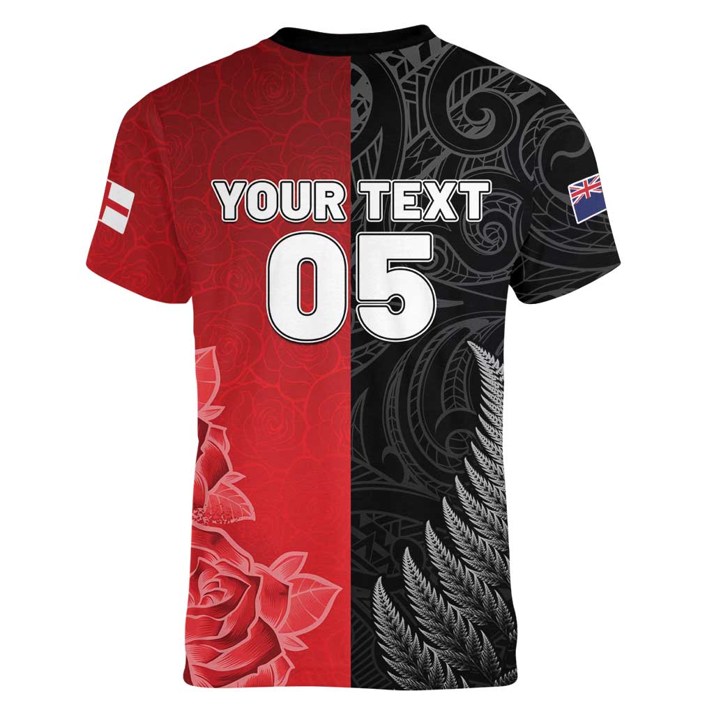 New Zealand And England Rugby Custom Women V-Neck T-Shirt Red Rose Mix Maori Pattern LT05 - Polynesian Pride