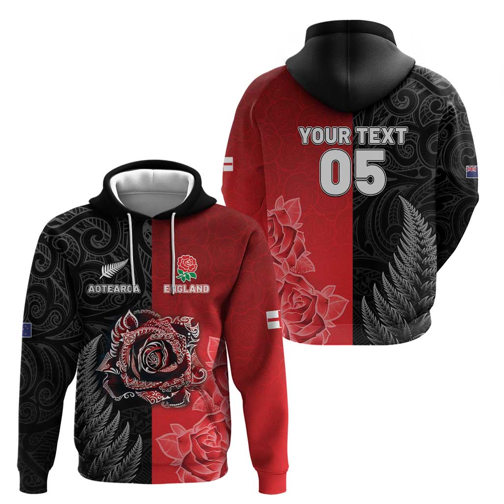 New Zealand And England Rugby Custom Zip Hoodie Red Rose Mix Maori Pattern - Polynesian Pride