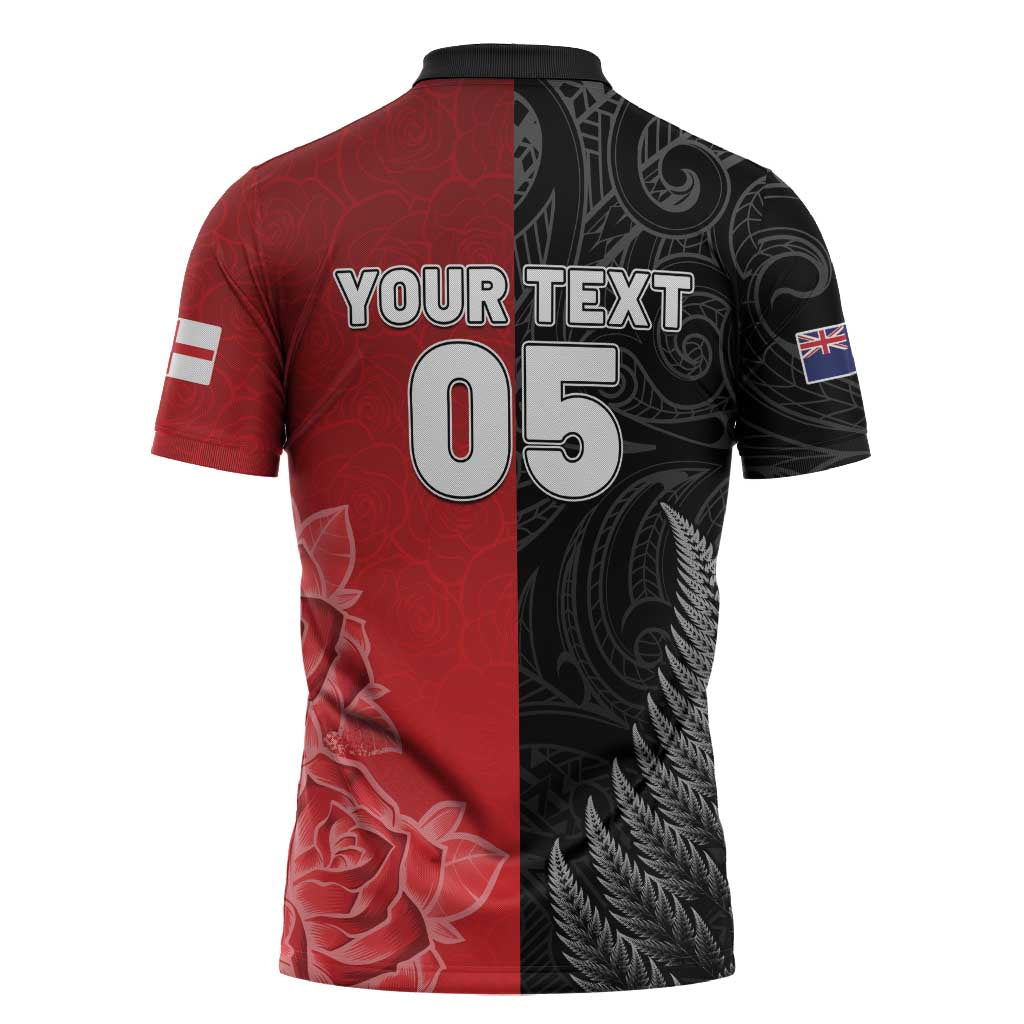 New Zealand And England Rugby Custom Zipper Polo Shirt Red Rose Mix Maori Pattern LT05 - Polynesian Pride