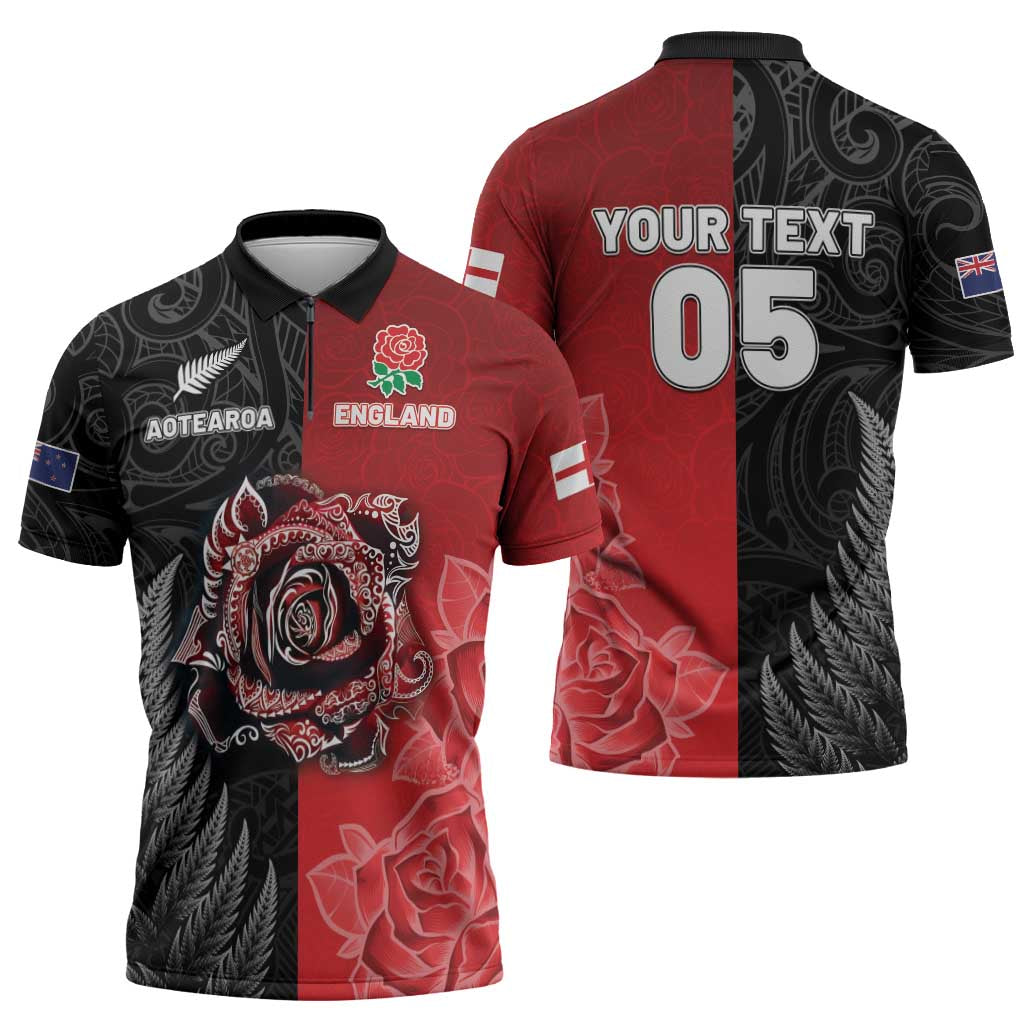 New Zealand And England Rugby Custom Zipper Polo Shirt Red Rose Mix Maori Pattern LT05 - Polynesian Pride