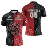 New Zealand And England Rugby Custom Zipper Polo Shirt Red Rose Mix Maori Pattern LT05 - Polynesian Pride