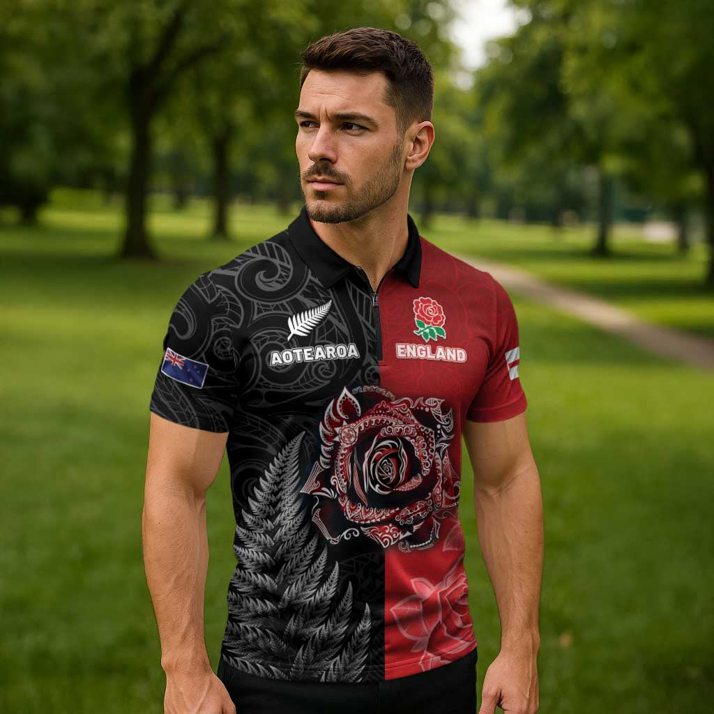 New Zealand And England Rugby Custom Zipper Polo Shirt Red Rose Mix Maori Pattern LT05 - Polynesian Pride