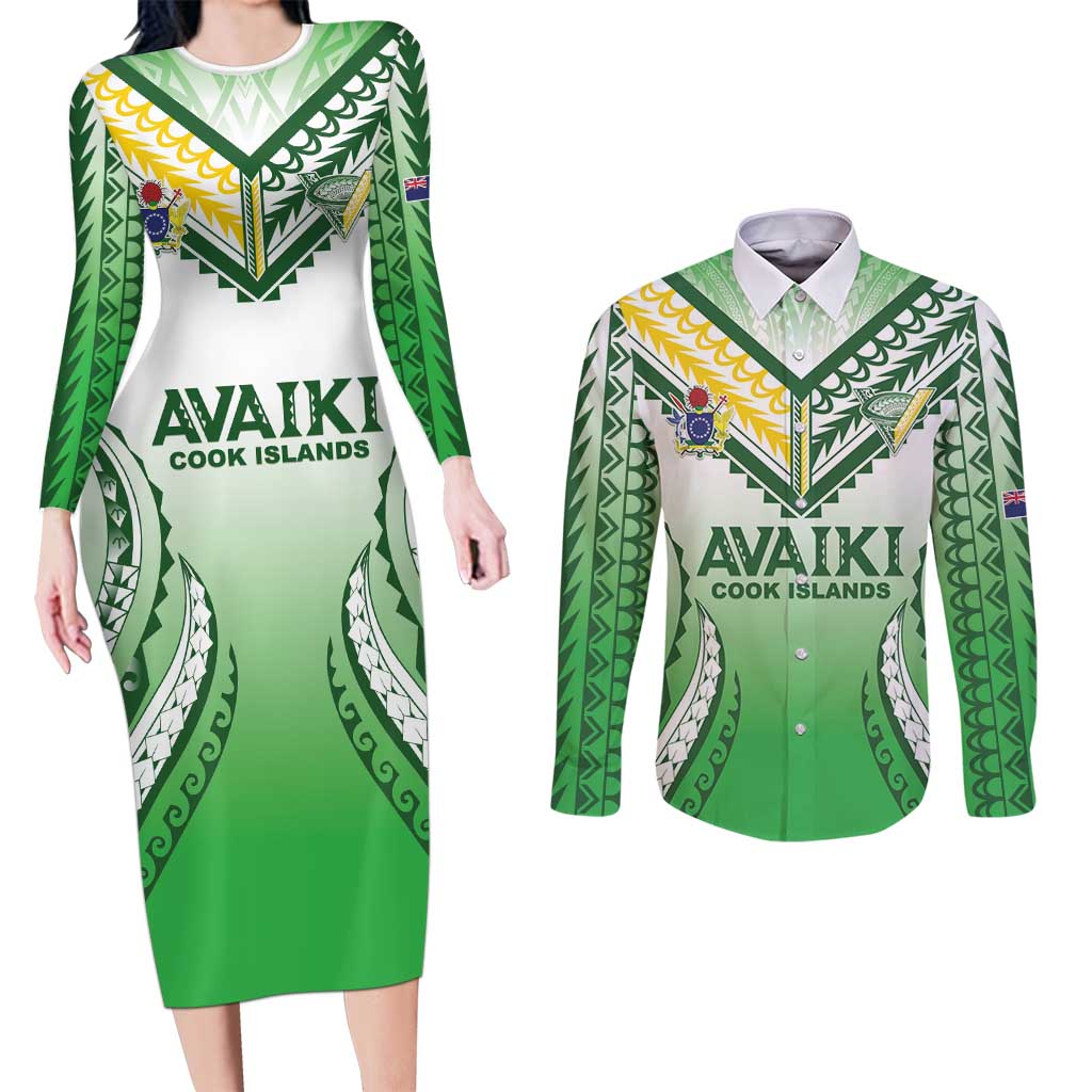 Custom Cook Islands Avaiki Rugby Couples Matching Long Sleeve Bodycon Dress and Long Sleeve Button Shirt Go Champions LT05 Green - Polynesian Pride