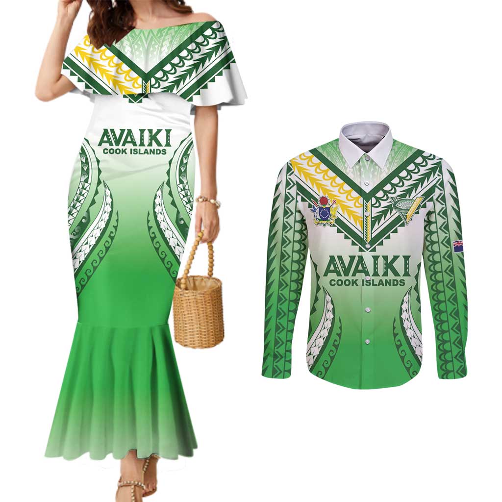 Custom Cook Islands Avaiki Rugby Couples Matching Mermaid Dress and Long Sleeve Button Shirt Go Champions LT05 Green - Polynesian Pride