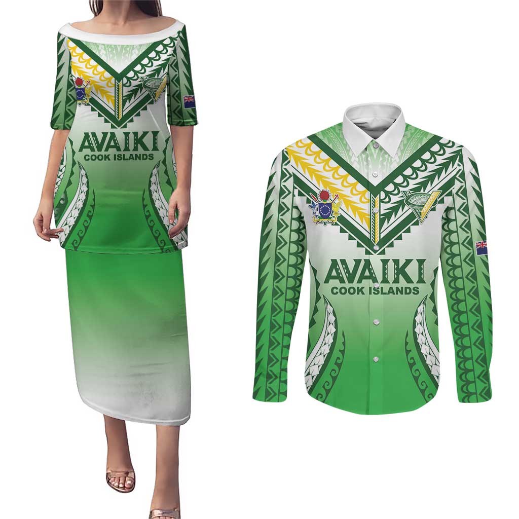 Custom Cook Islands Avaiki Rugby Couples Matching Puletasi and Long Sleeve Button Shirt Go Champions LT05 Green - Polynesian Pride