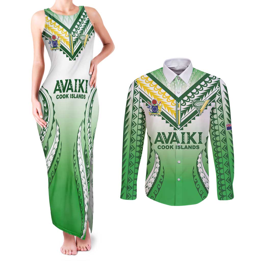 Custom Cook Islands Avaiki Rugby Couples Matching Tank Maxi Dress and Long Sleeve Button Shirt Go Champions LT05 Green - Polynesian Pride