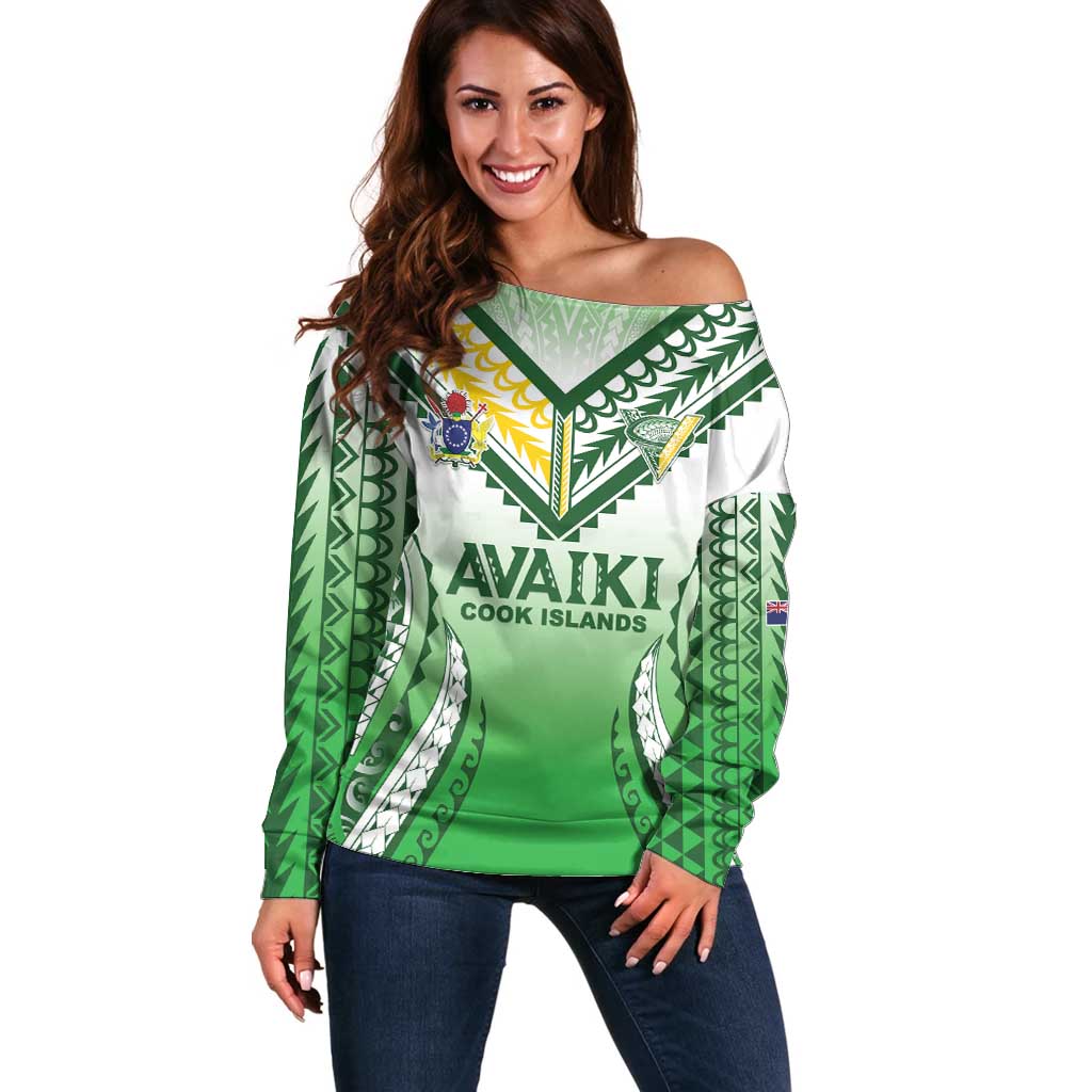 Custom Cook Islands Avaiki Rugby Off Shoulder Sweater Go Champions LT05 Women Green - Polynesian Pride