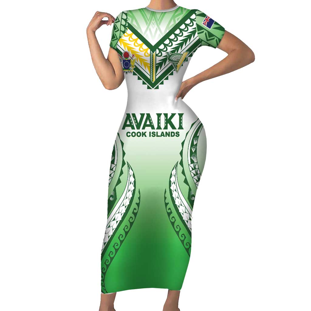 Custom Cook Islands Avaiki Rugby Short Sleeve Bodycon Dress Go Champions LT05 Long Dress Green - Polynesian Pride