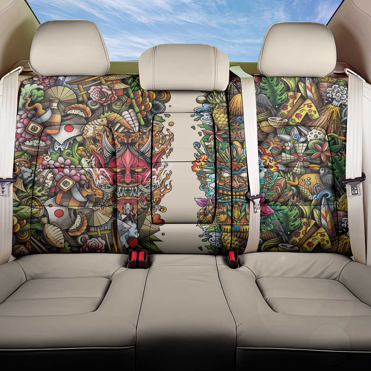 Hawaii And Japan Back Car Seat Cover Tiki With Oni Mask - Polynesian Pride