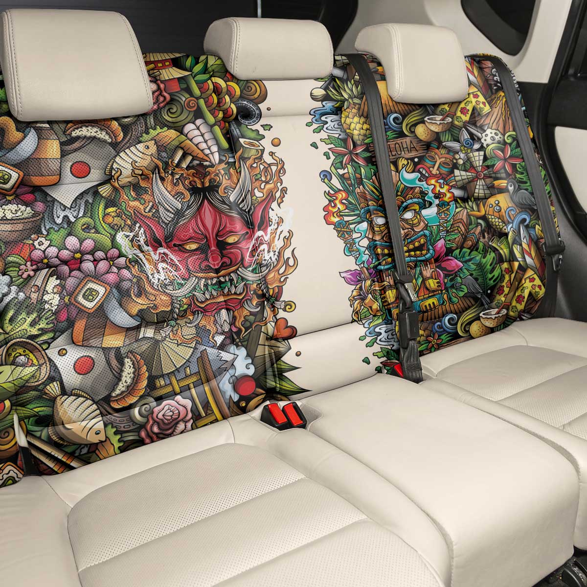 Hawaii And Japan Back Car Seat Cover Tiki With Oni Mask - Polynesian Pride