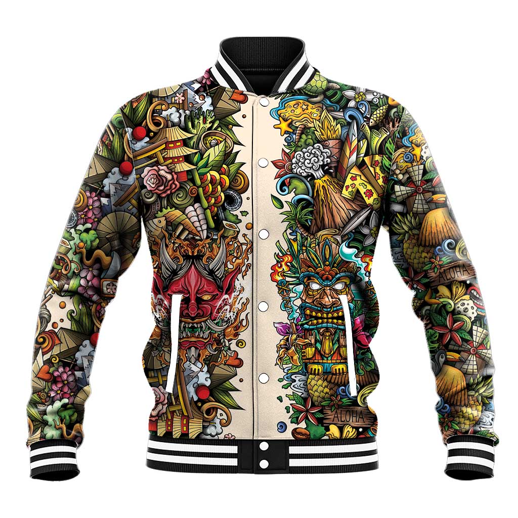 Hawaii And Japan Baseball Jacket Tiki With Oni Mask - Polynesian Pride
