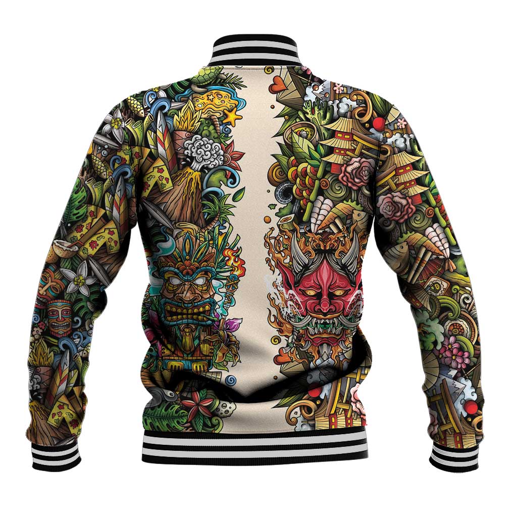 Hawaii And Japan Baseball Jacket Tiki With Oni Mask - Polynesian Pride